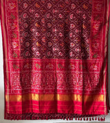sophisticated-handloom-brown-and-red-mulberry-silk-ikat-patola-saree-with-animal-motifs