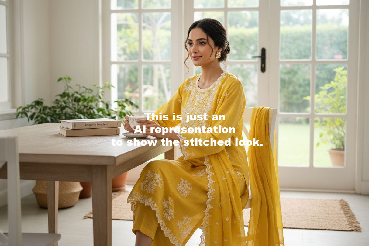 Sophisticated Yellow Floral Machine Embroidered Three Piece Chanderi Mulmul Semi Stitched Suit Set