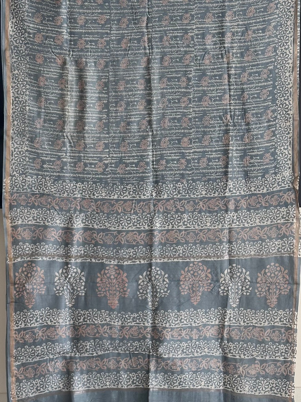 Steel Grey Handblock Print Chanderi Cotton Silk Saree