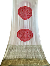 Off-white and Red Circle Theme Pure Gajji Silk Bandhani Saree