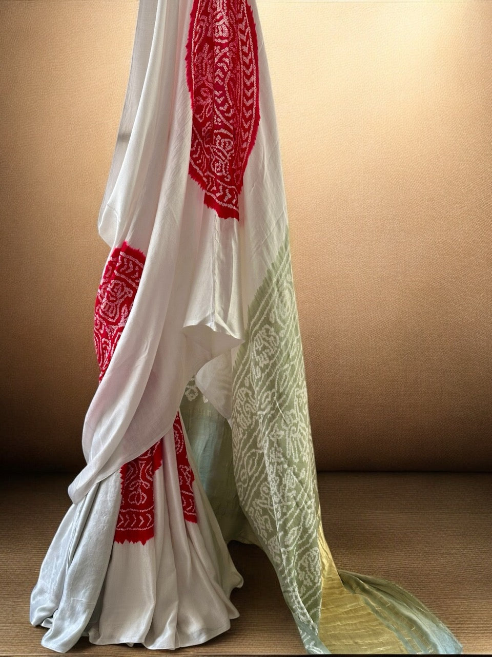 Off-white and Red Circle Theme Pure Gajji Silk Bandhani Saree