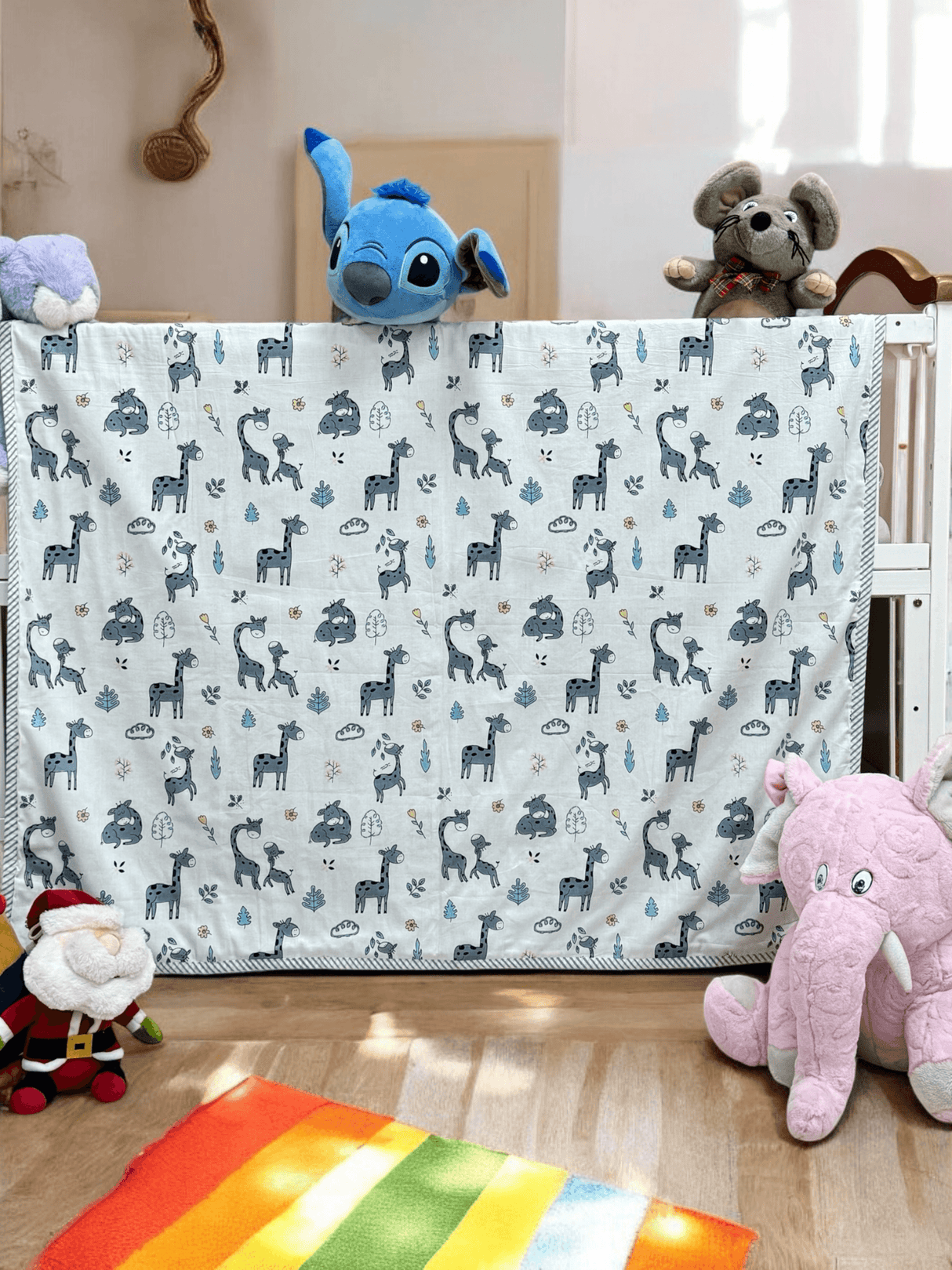 lightweight reversible kids dohar with giraffe rabbit design soft mulmul cotton flannel layer summer ac blanket for baby showers gifting birthdays resellers bulk orders available across india usa uk australia gulf