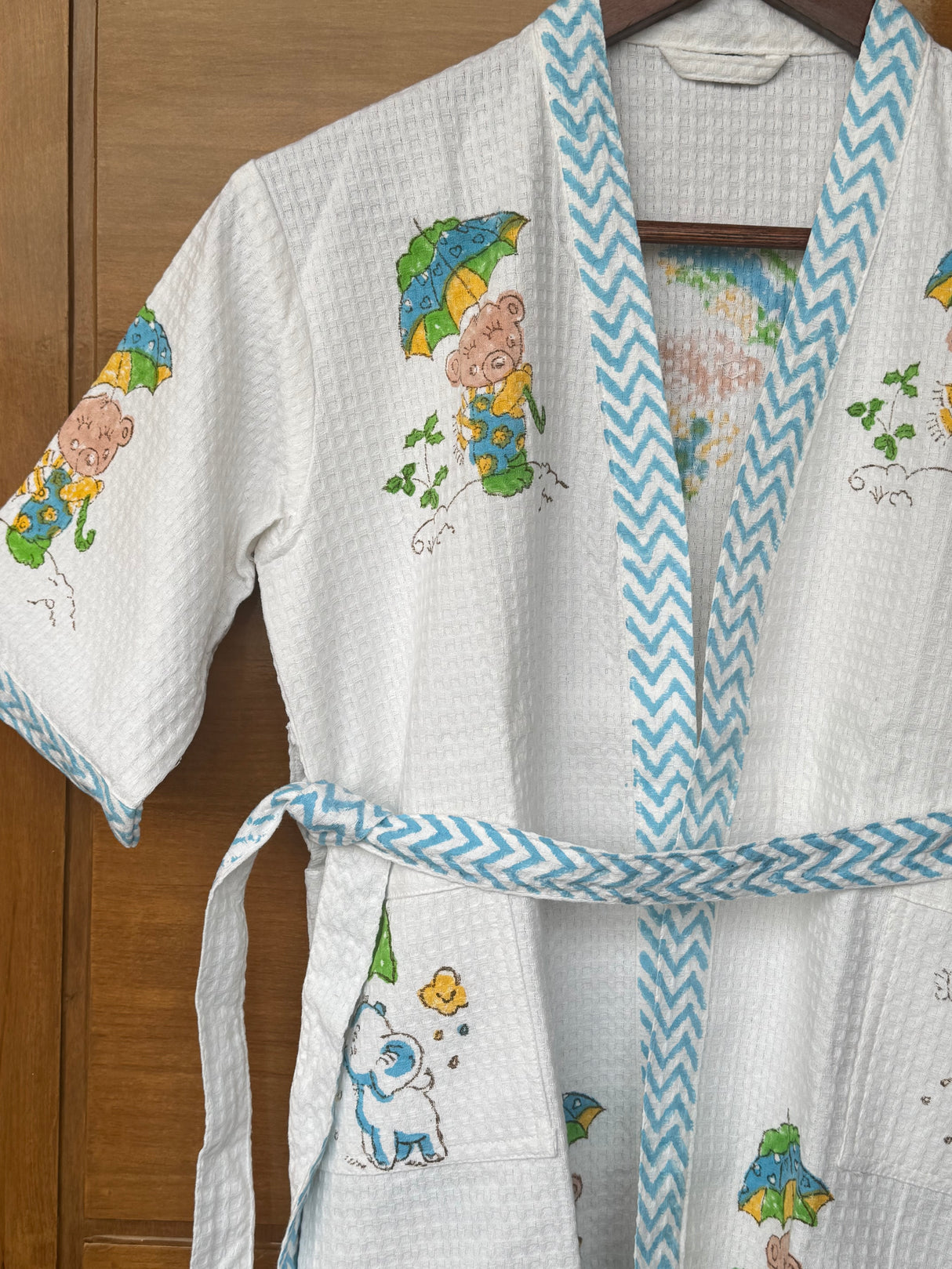 kids nursery theme cotton waffle bathrobes handblock printed teddy bear and elephant Singapore