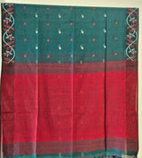 Elegant Mulmul Cotton Saree made on Jacquard Loom in Teal and Maroon Colour