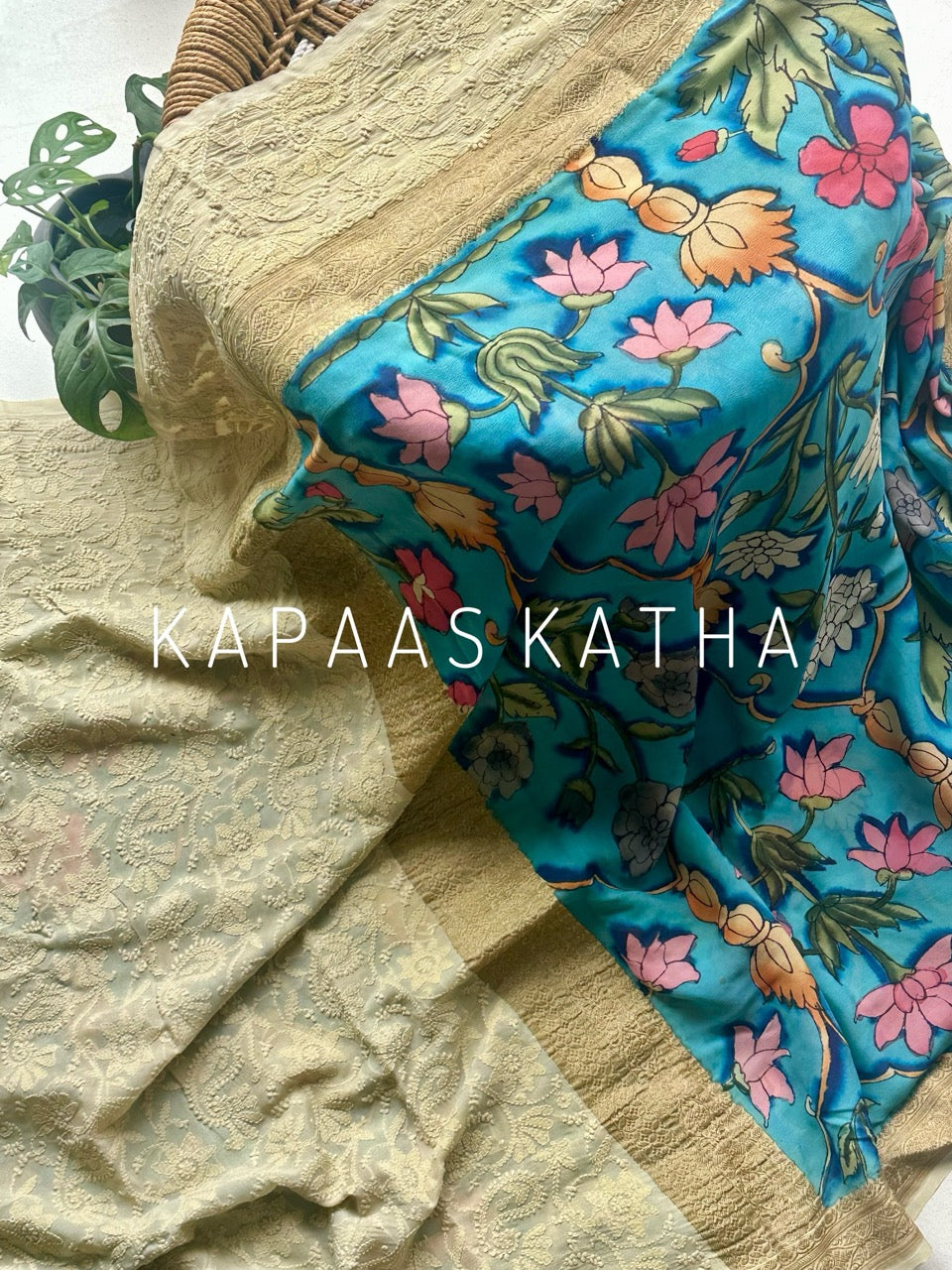 Banarasi Georgette Kalamkari & Chikankari Saree | Kapaas Katha