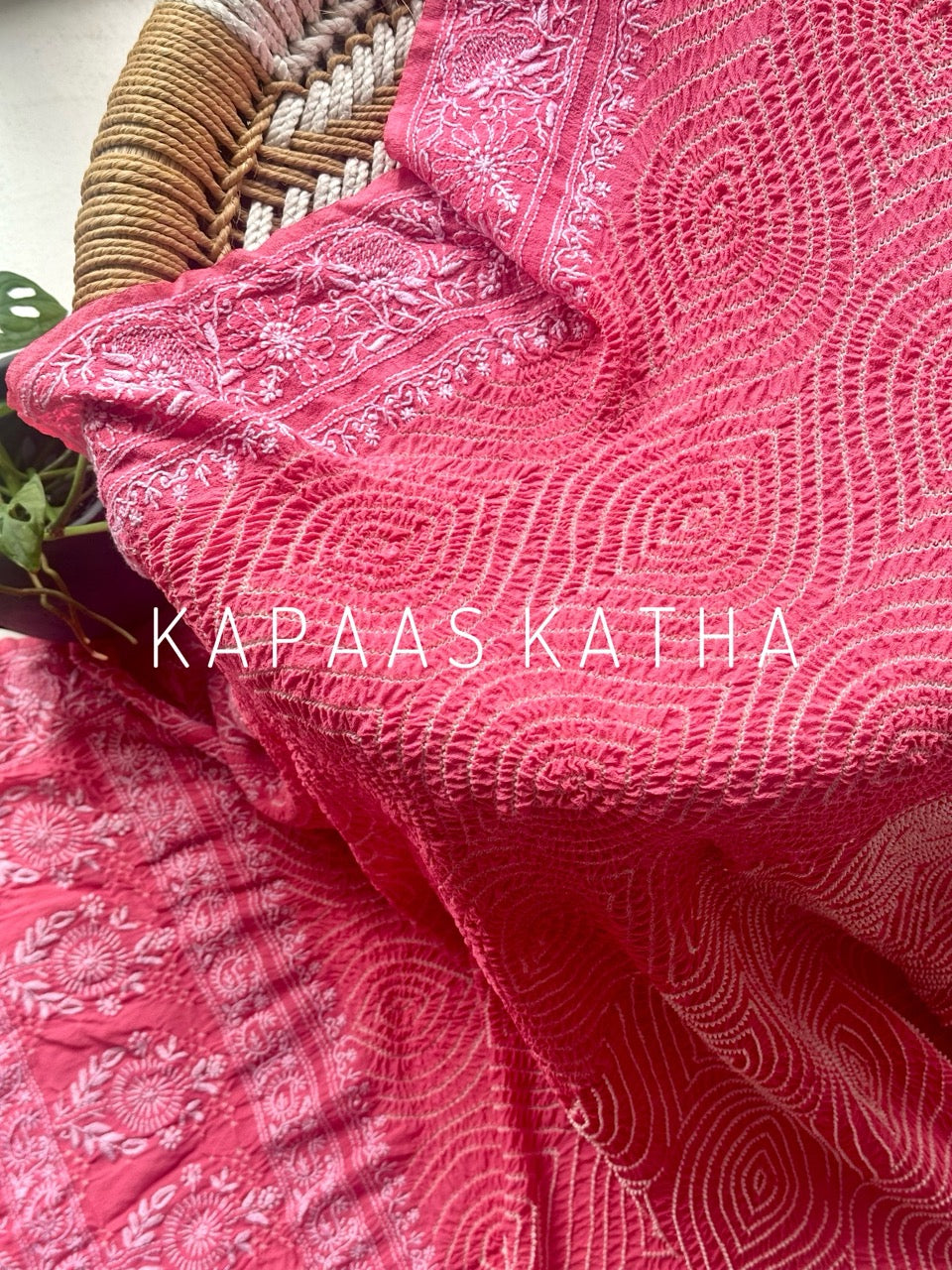 Pure Georgette Bandhani Dupatta with Lucknowi Chikankari | Kapaas Katha