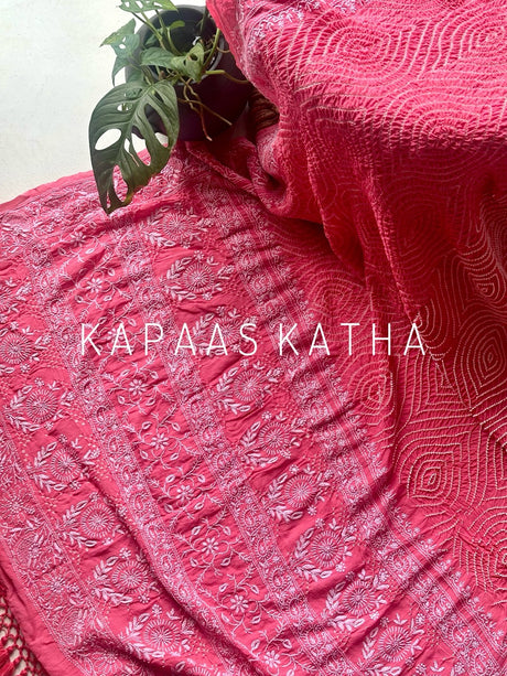 Pure Georgette Bandhani Dupatta with Lucknowi Chikankari | Kapaas Katha