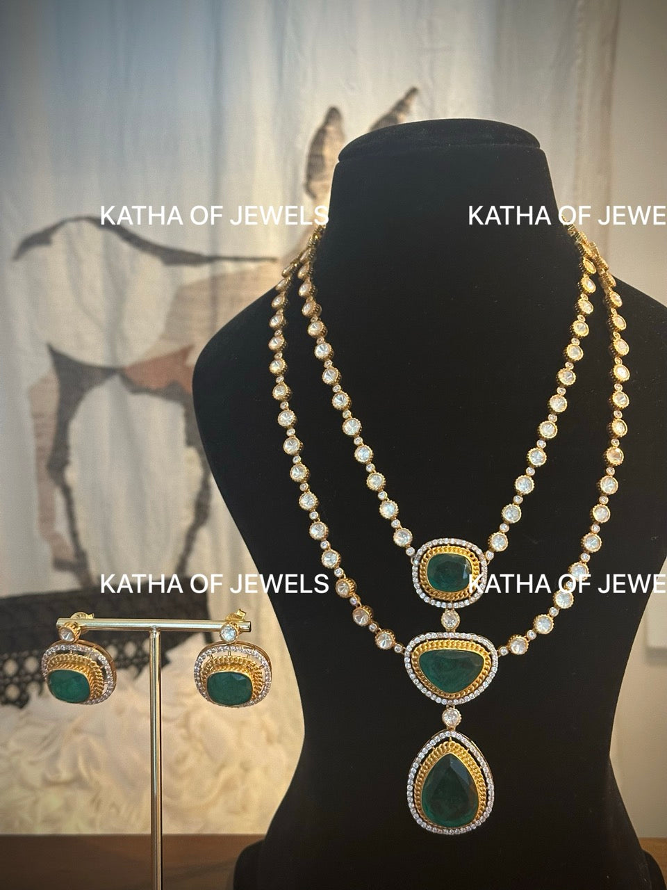 Emerald Tiered Moissanite Polki Necklace Set | Katha of Jewels