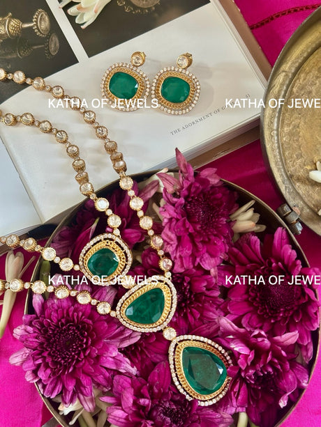 Emerald Tiered Moissanite Polki Necklace Set | Katha of Jewels