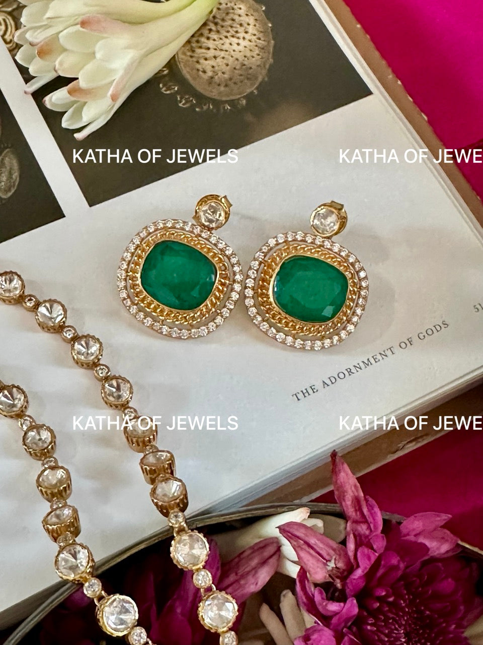 Emerald Tiered Moissanite Polki Necklace Set | Katha of Jewels