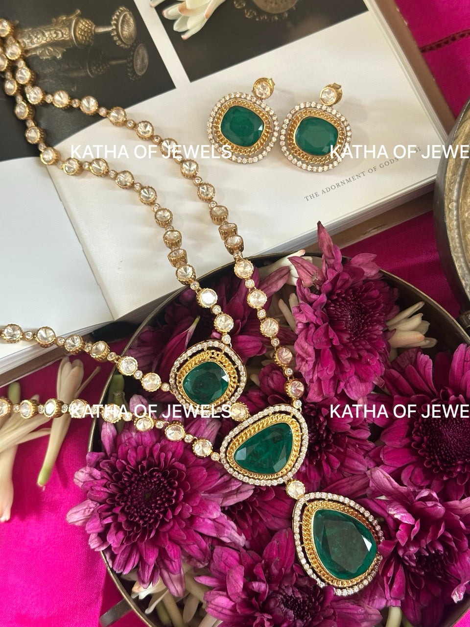 Emerald Tiered Moissanite Polki Necklace Set | Katha of Jewels