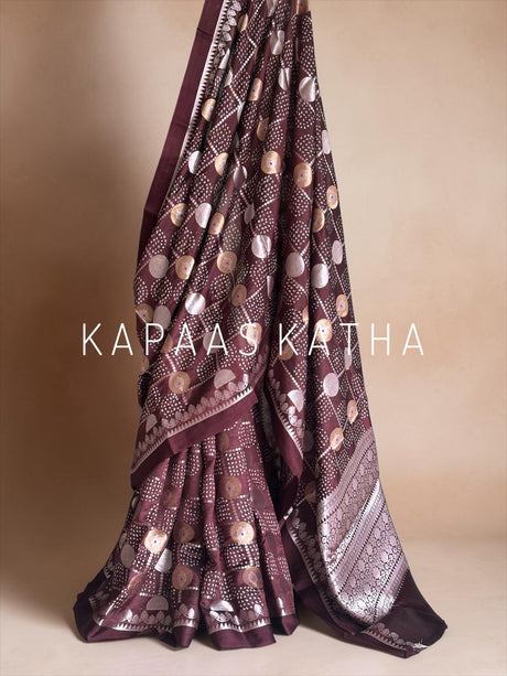 Banarasi Silk Bandhani Saree, Pure Silk Maroon Bandhani Saree, Silver Zari Bandhej Saree, Kapaas Katha Designer Sarees, Hand-Tied Silk Sarees Online