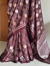 Banarasi Silk Bandhani Saree, Pure Silk Maroon Bandhani Saree, Silver Zari Bandhej Saree, Kapaas Katha Designer Sarees, Hand-Tied Silk Sarees Online