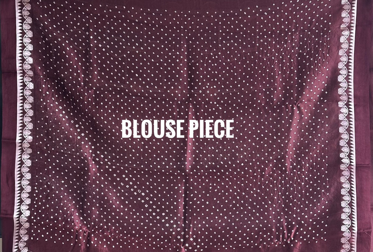 Banarasi Silk Bandhani Saree, Pure Silk Maroon Bandhani Saree, Silver Zari Bandhej Saree, Kapaas Katha Designer Sarees, Hand-Tied Silk Sarees Online