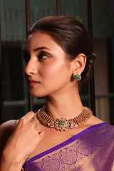Katha of Jewels 92.5 sterling silver necklace set with moissanite polki and green aventurine studs worn with silk saree