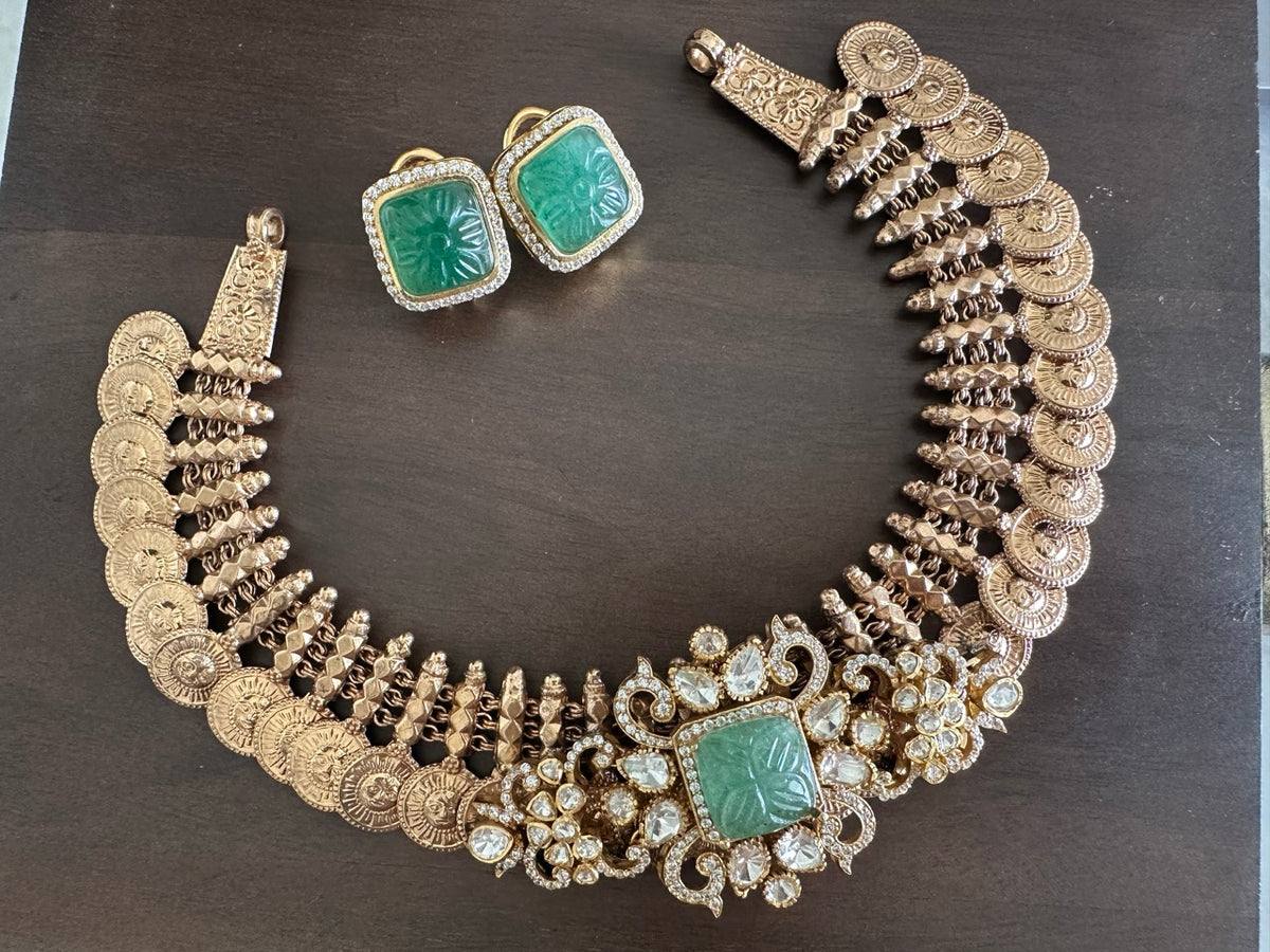 92.5 sterling silver polki necklace set, moissanite polki necklace with earrings, green aventurine silver choker, Katha of Jewels silver jewelry, designer silver bridal jewelry set