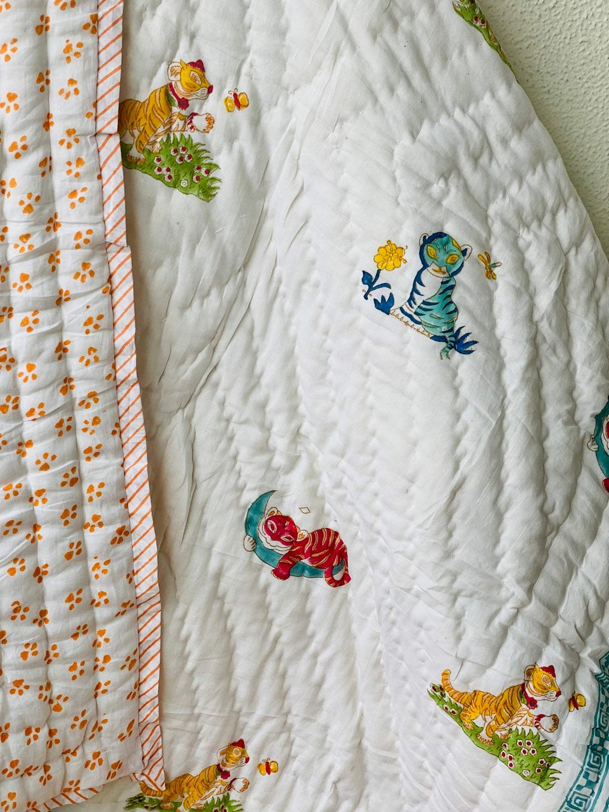 soft mulmul tiger design baby quilt handcrafted in Jaipur for wholesale gifting in Australia