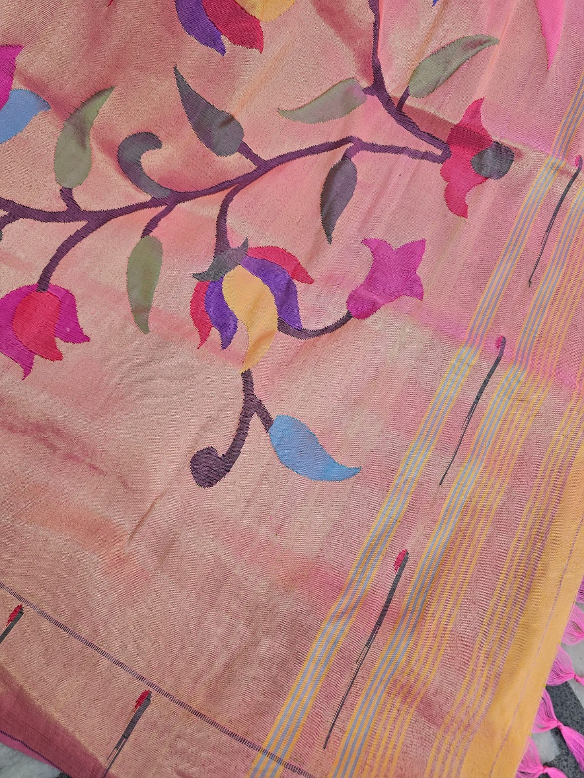 Handloom Golden and Pink Tissue Silk Paithani Dupatta