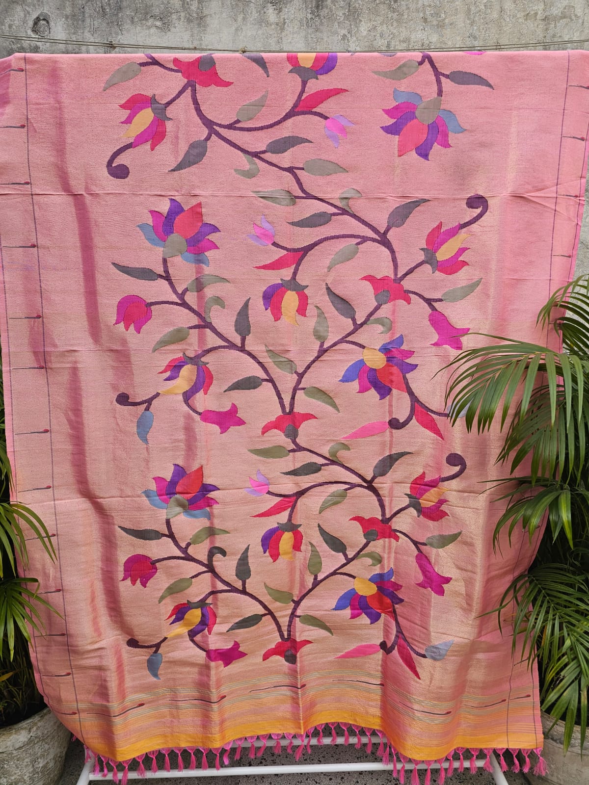 Handloom Golden and Pink Tissue Silk Paithani Dupatta