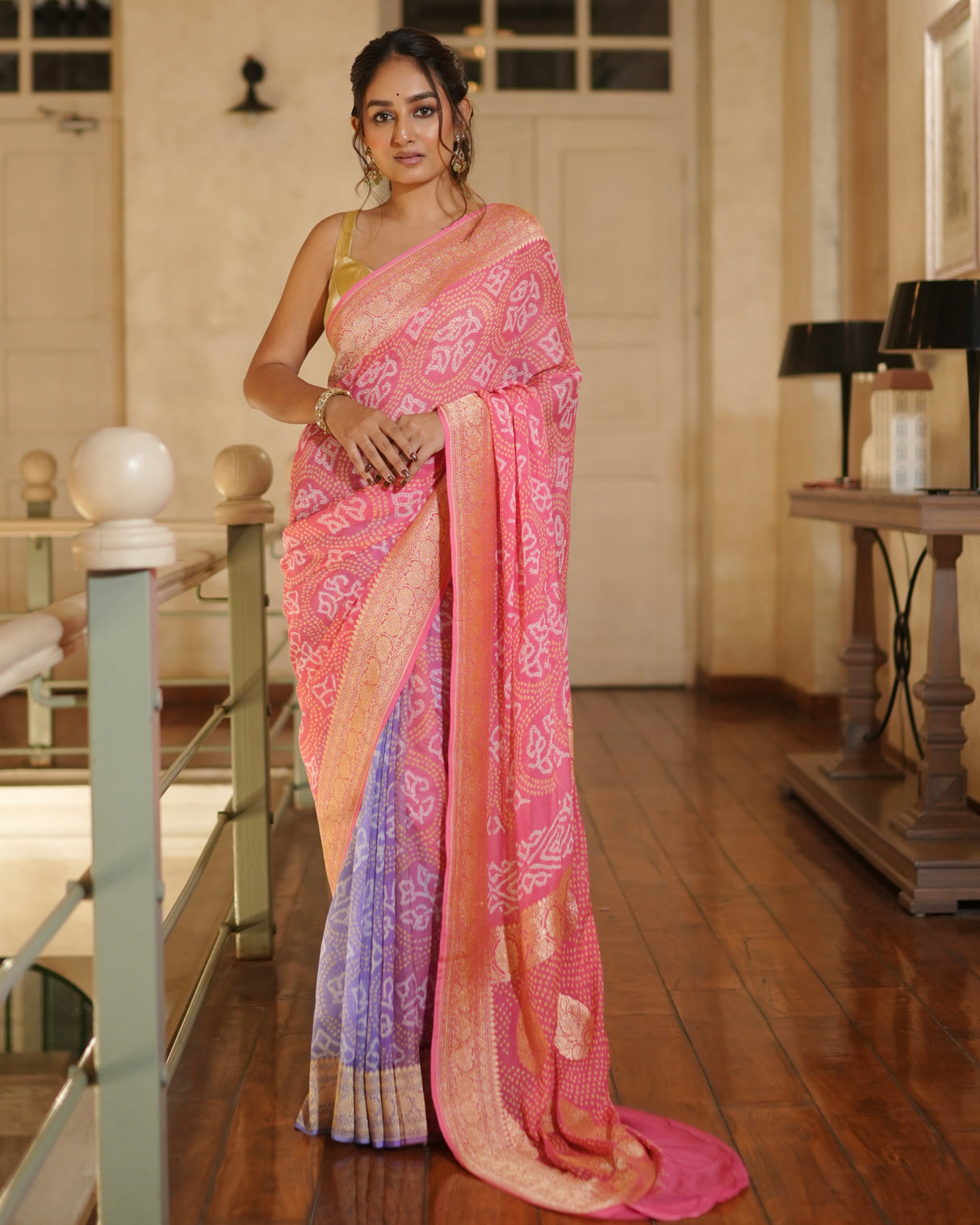 traditional-pink-lavender-banarasi-georgette-bandhani-saree