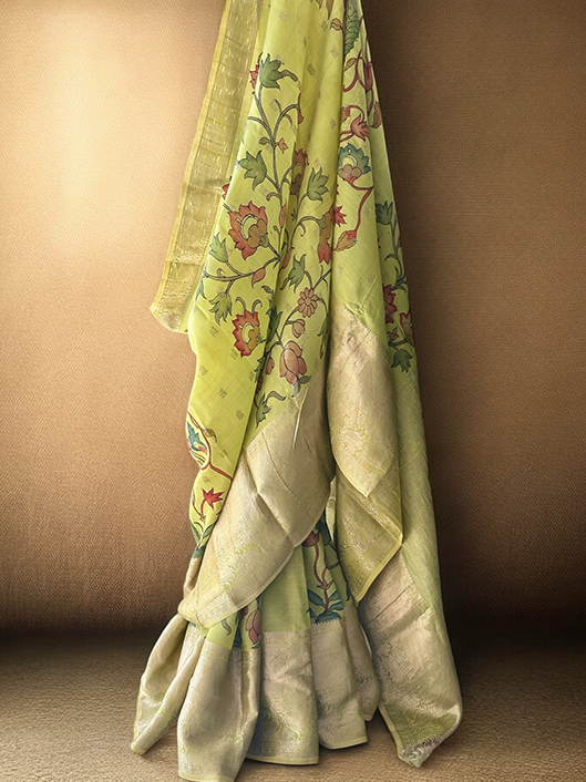 Tree of Life Theme Silk Kalamakari Saree in Lime Green Colour