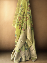 Tree of Life Theme Silk Kalamakari Saree in Lime Green Colour