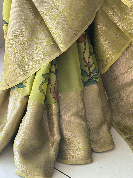 Tree of Life Theme Silk Kalamakari Saree in Lime Green Colour