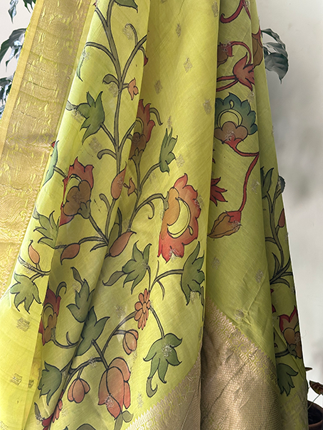 Tree of Life Theme Silk Kalamakari Saree in Lime Green Colour