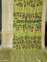 Tree of Life Theme Silk Kalamakari Saree in Lime Green Colour