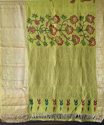 Tree of Life Theme Silk Kalamakari Saree in Lime Green Colour