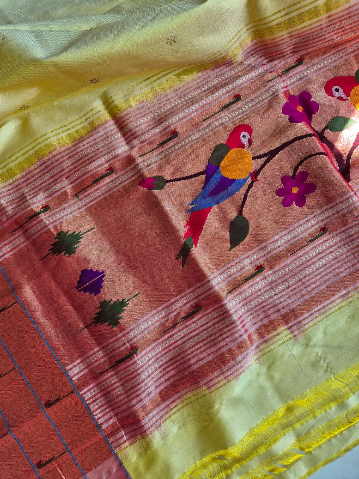 Handloom Triple Muniya Parrot Theme Pastel Yellow Silk Paithani Dupatta