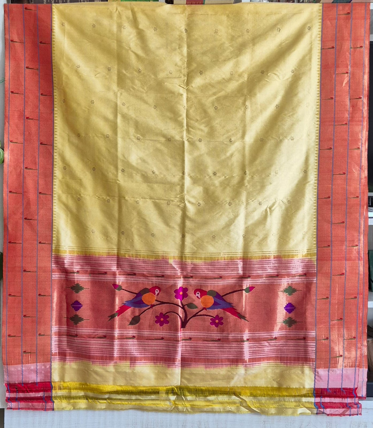 Handloom Triple Muniya Parrot Theme Pastel Yellow Silk Paithani Dupatta