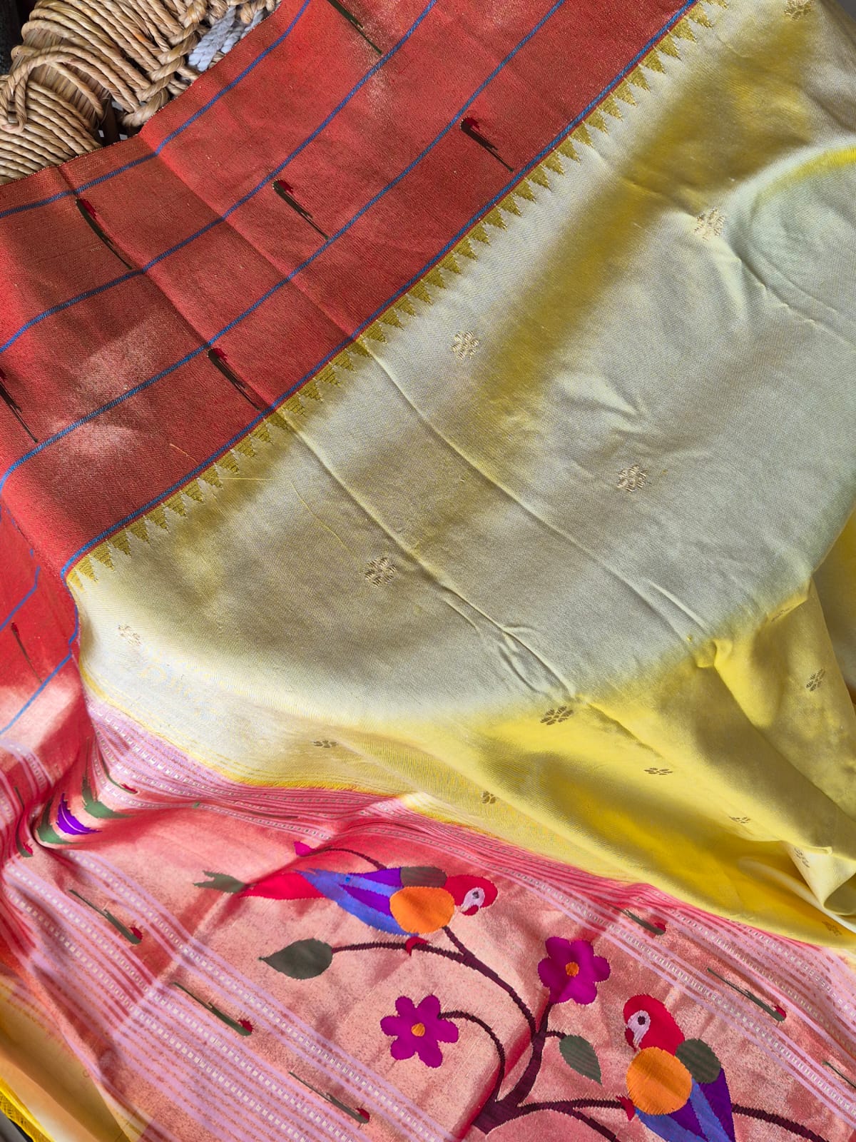 Handloom Triple Muniya Parrot Theme Pastel Yellow Silk Paithani Dupatta