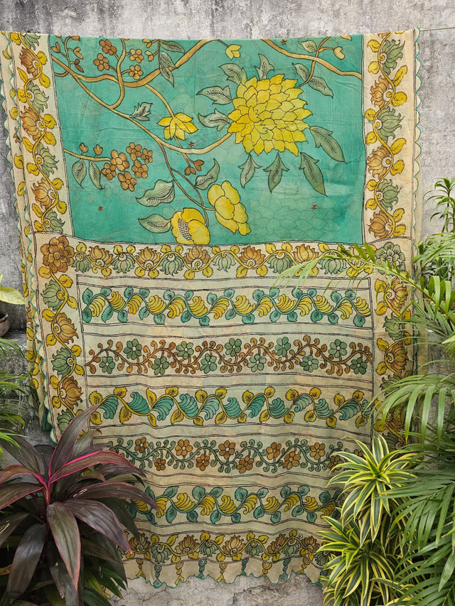 turquoise-flora-handloom-kalamkari-chiffon-saree