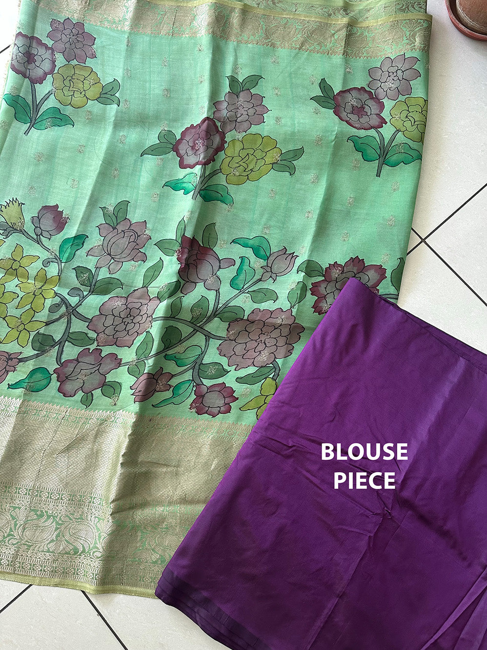turquoise-floral-silk-kalamkari-saree-blouse