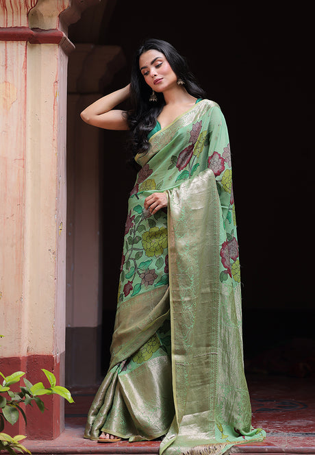 turquoise-floral-silk-kalamkari-saree-front-view