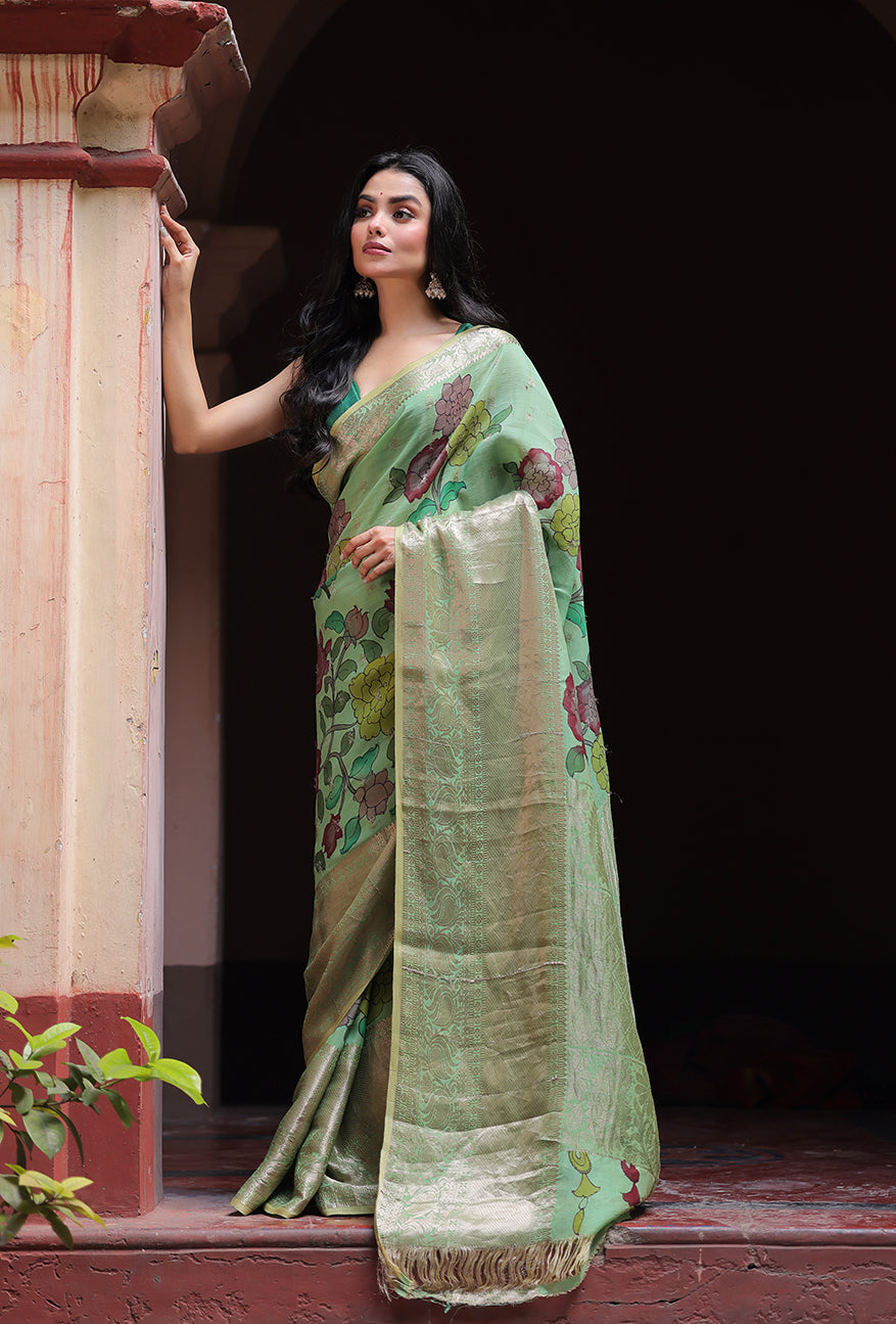 turquoise-floral-silk-kalamkari-saree-full-look