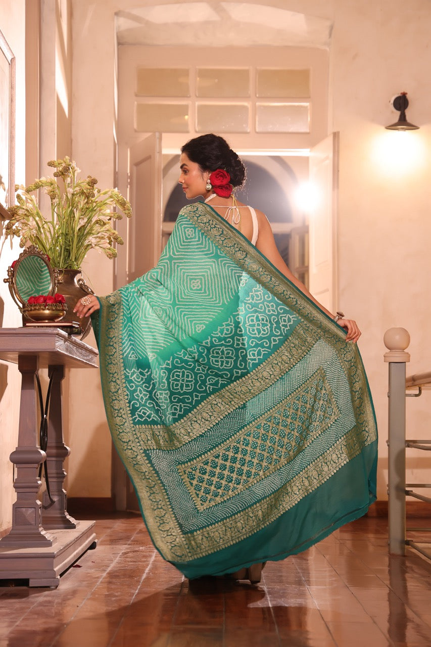 Exclusive Handloom Pure Banarsi Georgette Bandhani Saree