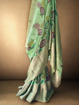 Turquoise Floral Theme Silk Kalamakari Saree