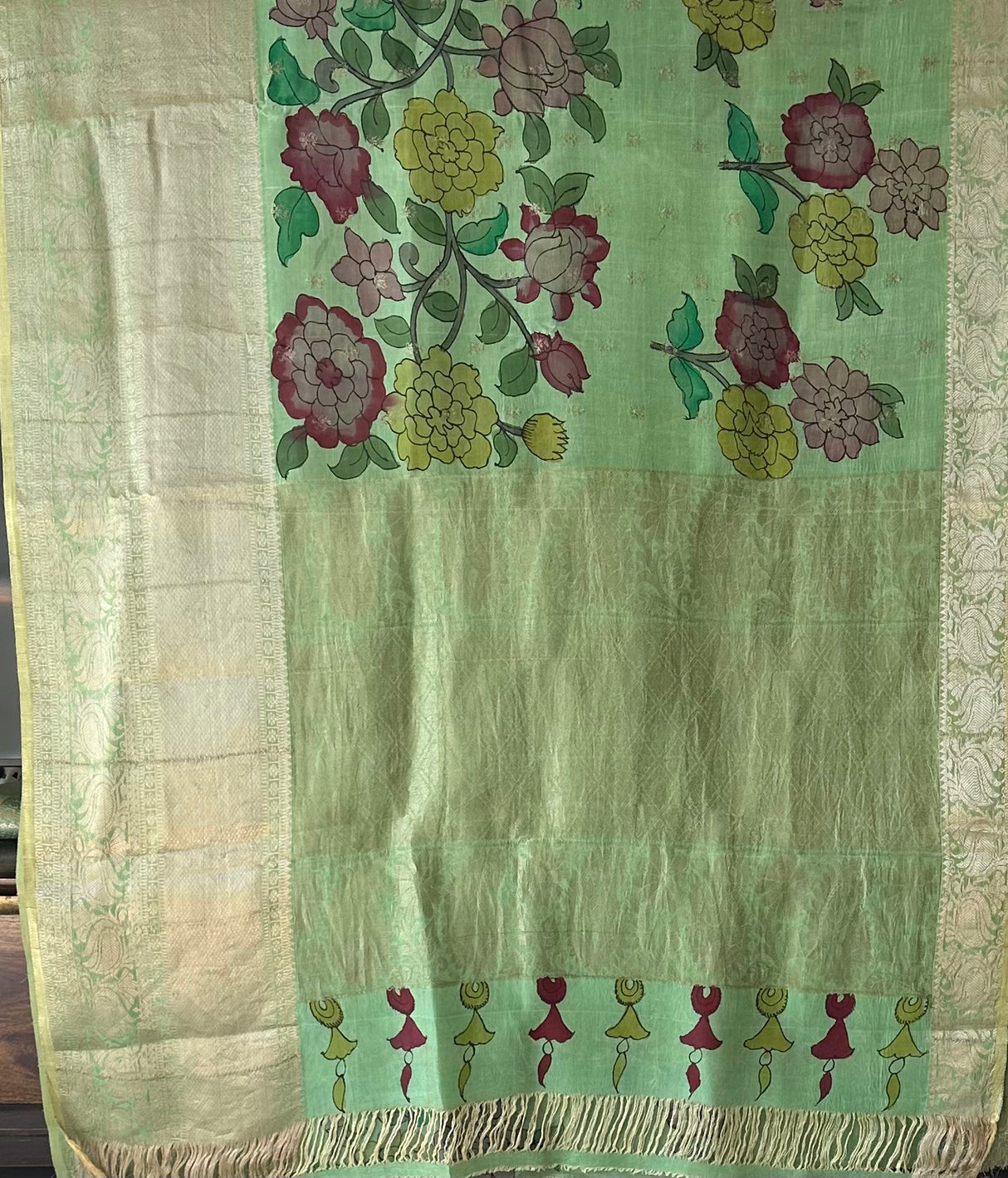 Turquoise Floral Theme Silk Kalamakari Saree