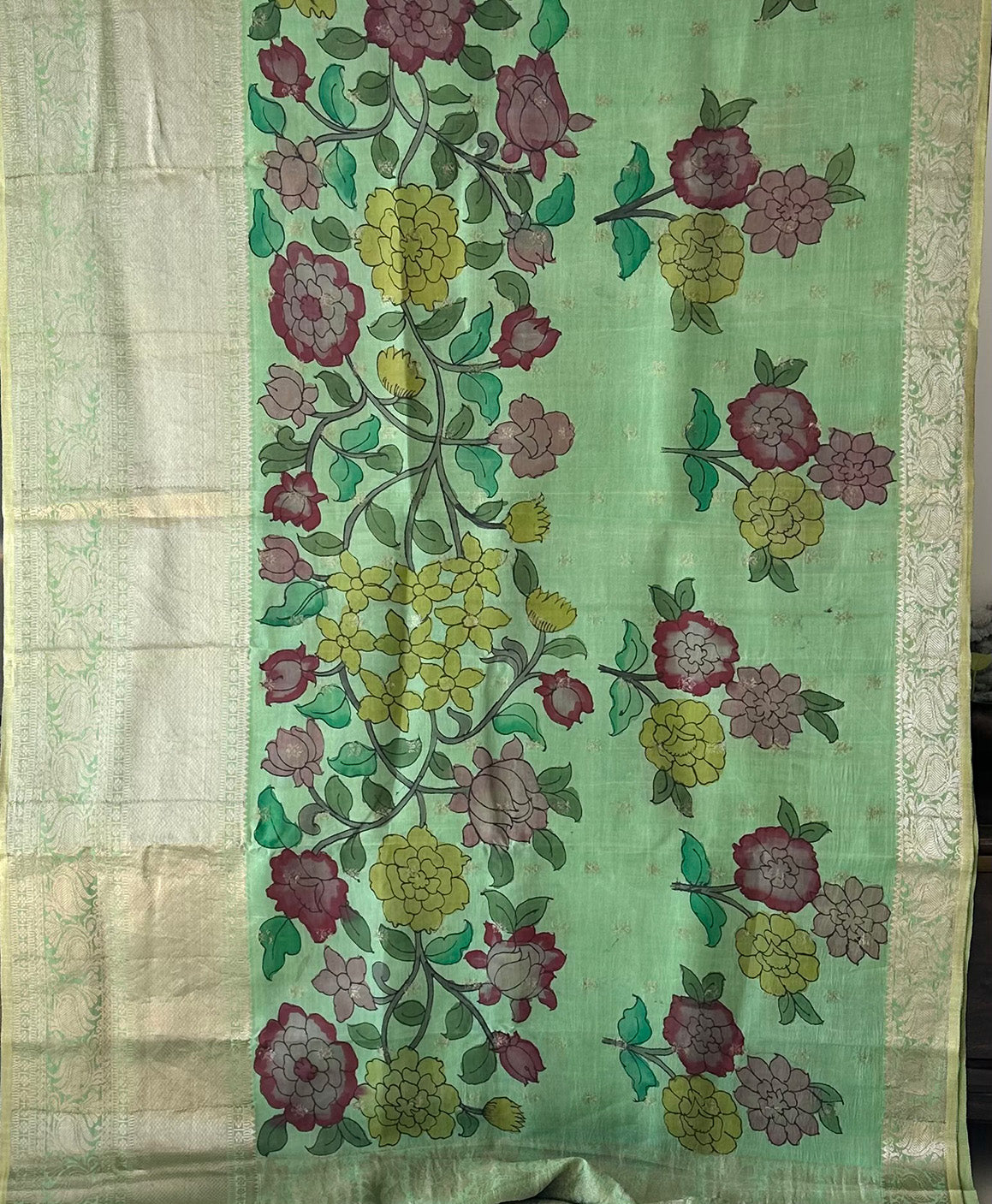 Turquoise Floral Theme Silk Kalamakari Saree