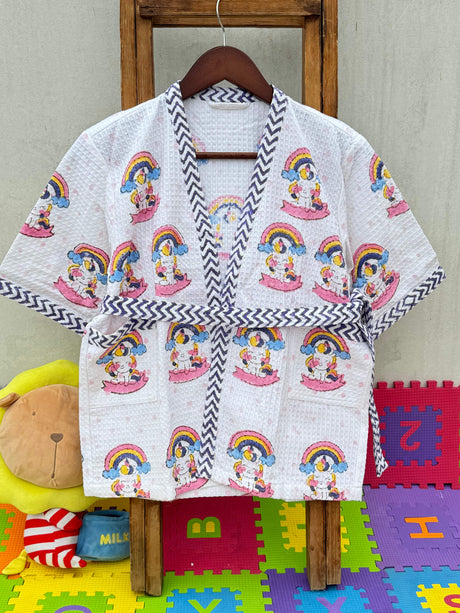 personalized girls unicorn bathrobe in waffle cotton with custom name embroidery ideal for gifting and international resellers