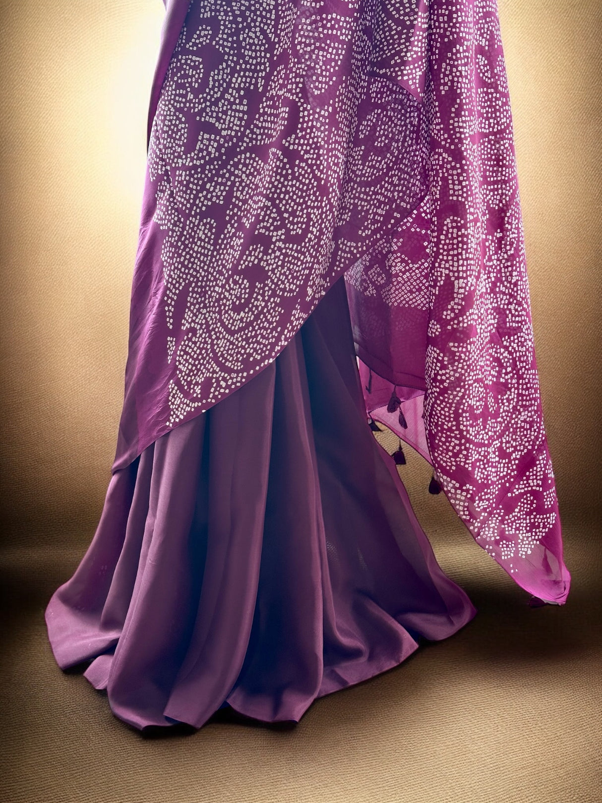 Very Smart and Stylish Habotai Silk Bandhani Saree in Shades of Plum