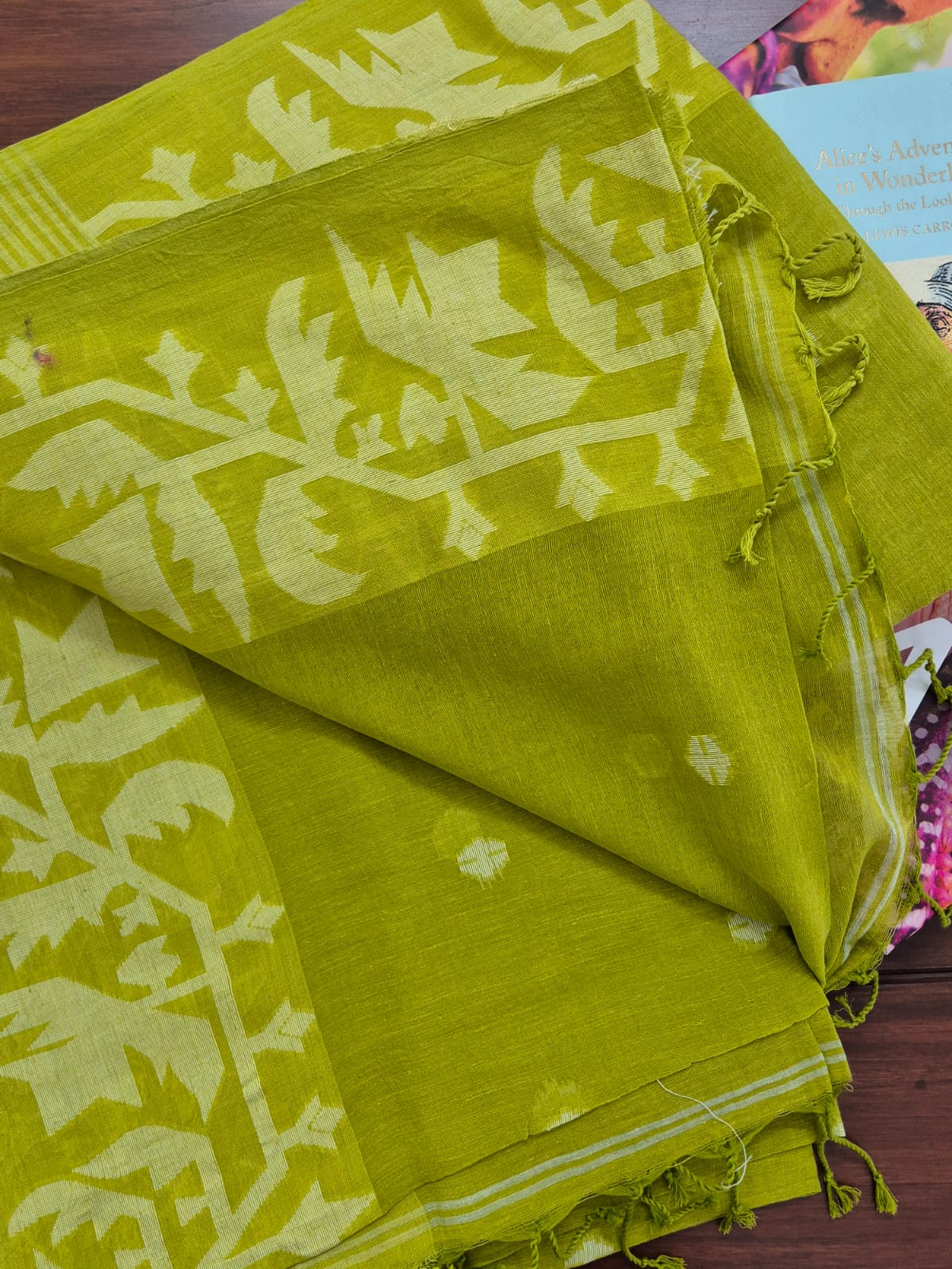 Elegant Mulmul Cotton Saree made on Jacquard Loom in Vibrant Green Colour