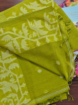 Elegant Mulmul Cotton Saree made on Jacquard Loom in Vibrant Green Colour