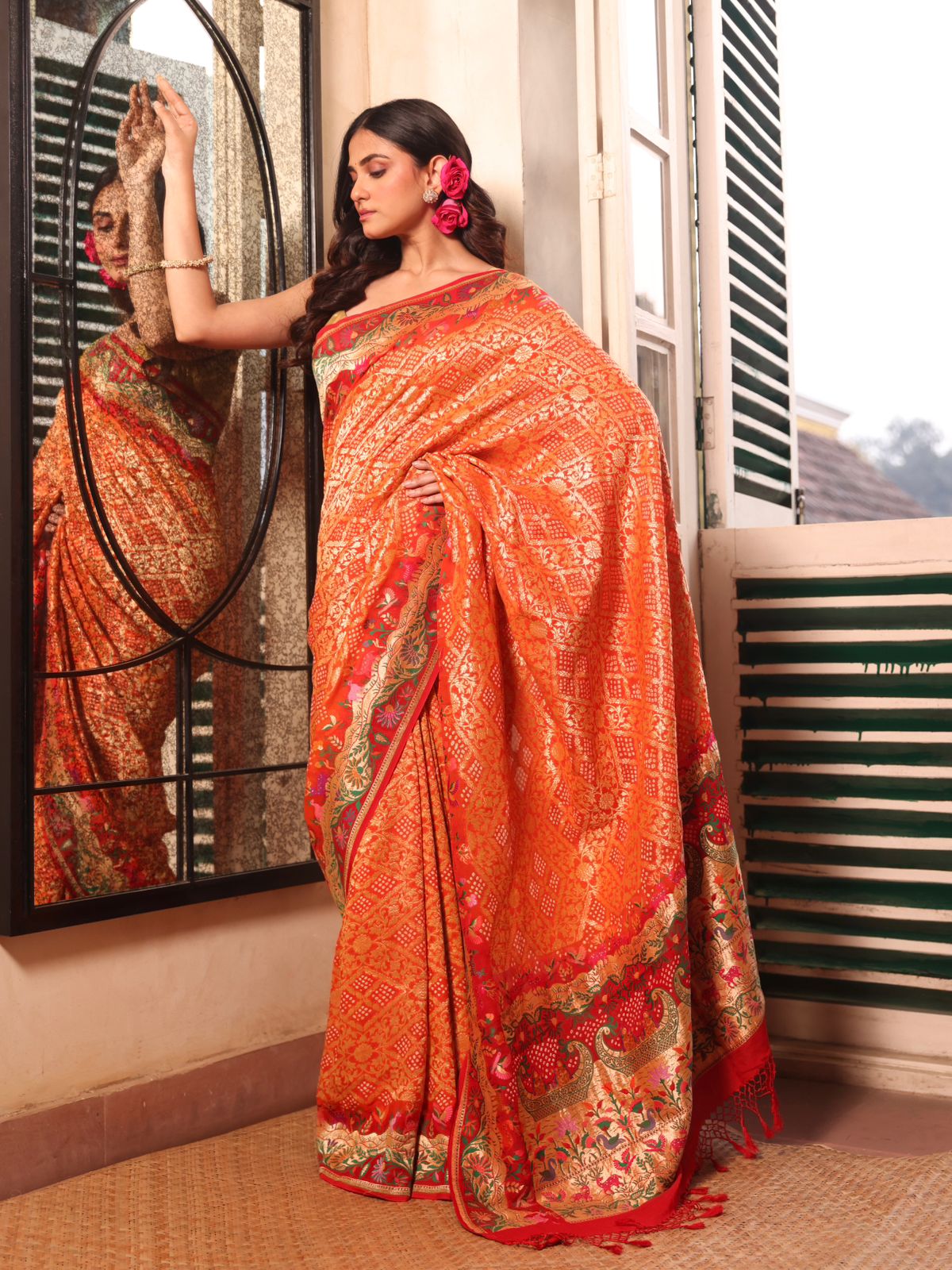 vibrant-orange-and-red-handloom-pure-banarsi-georgette-bandhani-saree