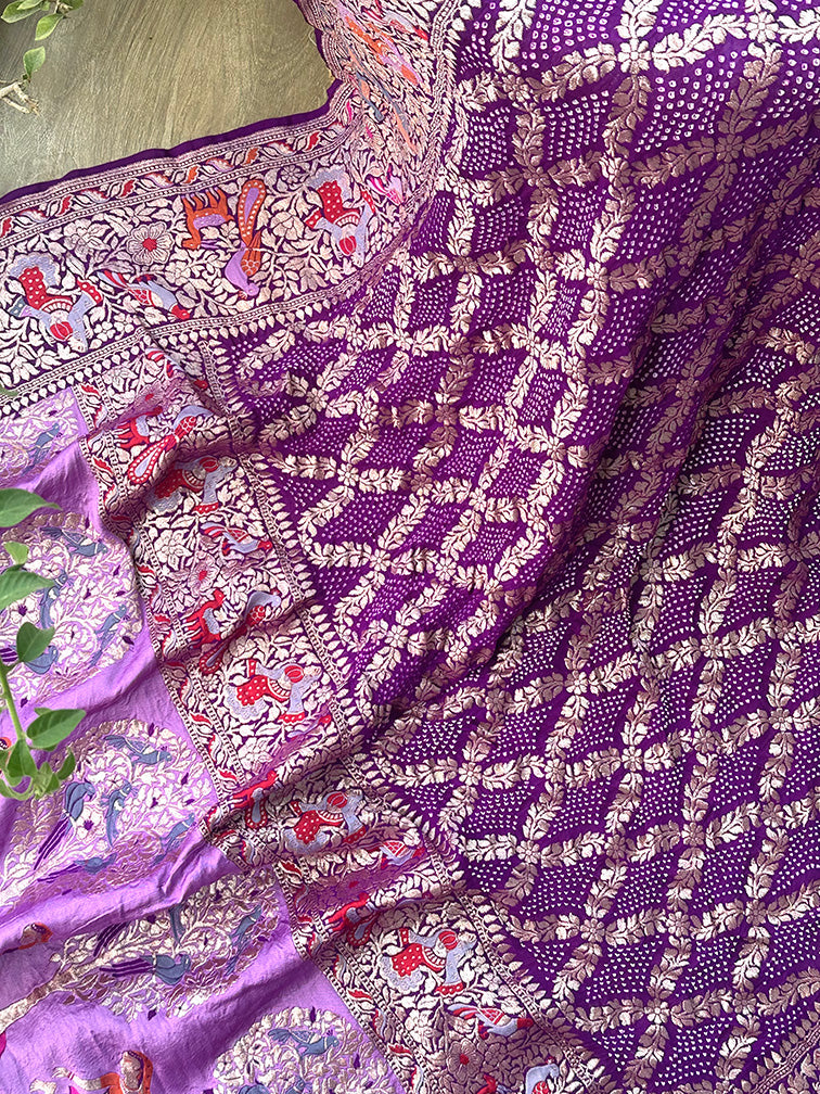 Exclusive Violet Pure Banarasi Georgette Meenakari Bandhani Dupatta