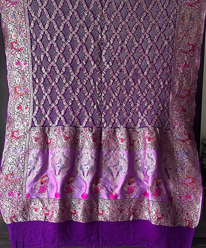 Exclusive Violet Pure Banarasi Georgette Meenakari Bandhani Dupatta