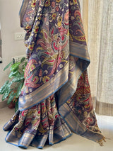 Peacock and Floral Theme Bangalore Silk Kalamakari Saree in Violet Base Colour