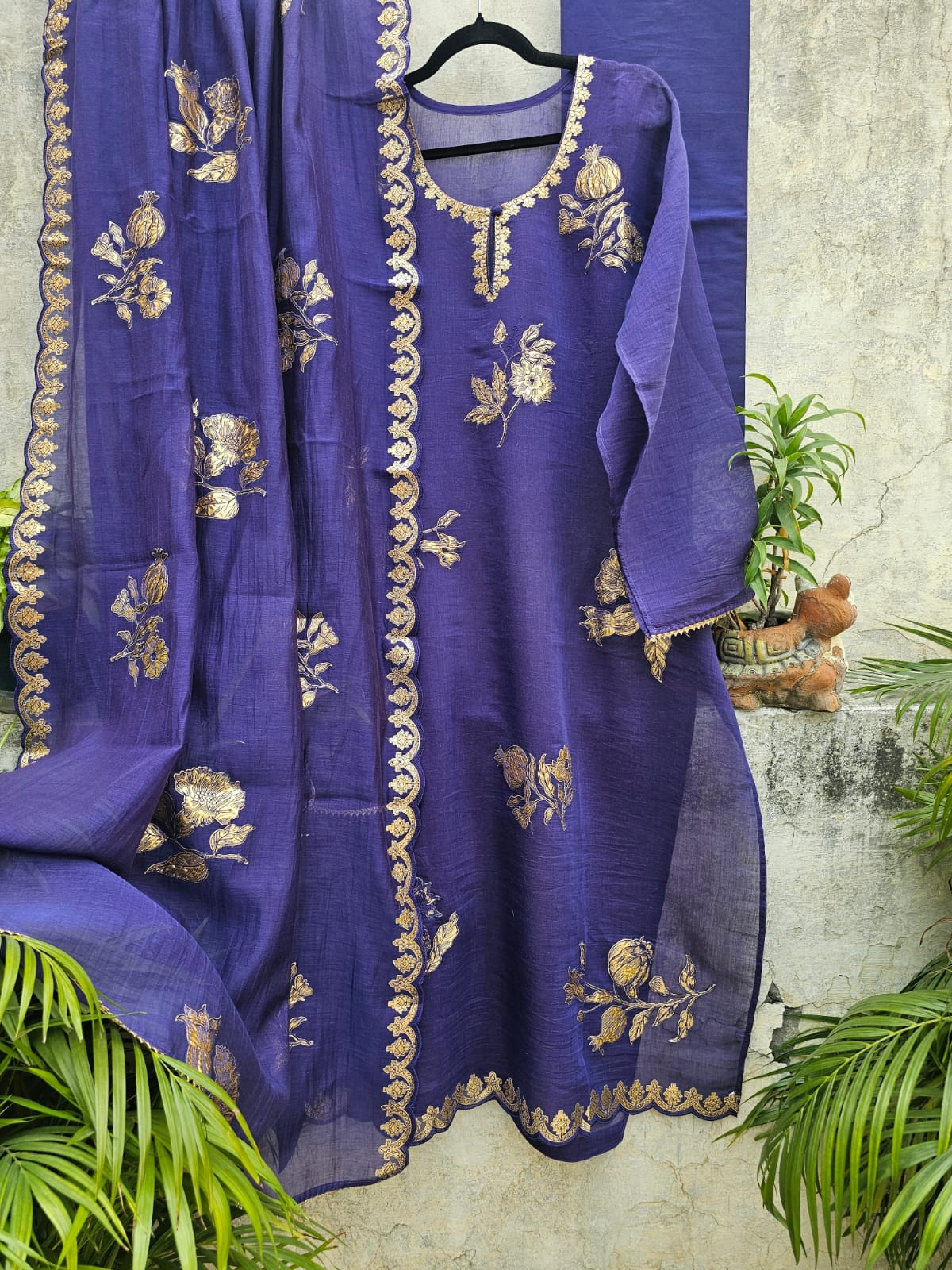 3 Piece Chanderi Mulmul Semi Stitched Suit Set in Shade of Violet